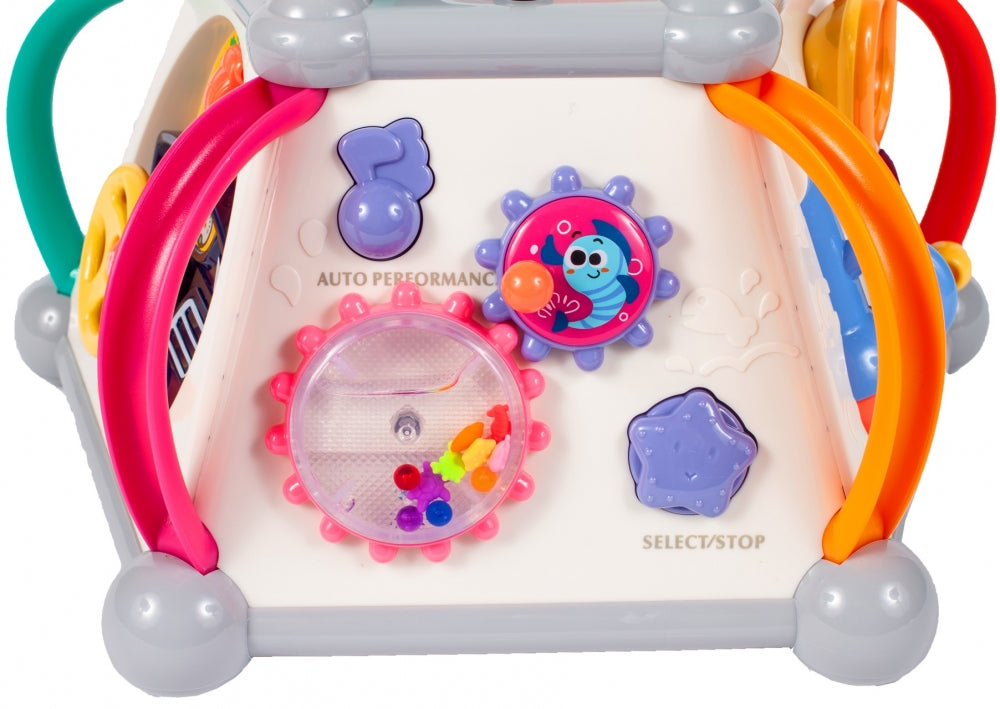 Cub Educativ LITTLE JOY BOX Dimensiuni 30 x 30 x 27 cm, Include 5 pereti cu functii diferite, Microfon, Telefon, Ciocan pentru lovire