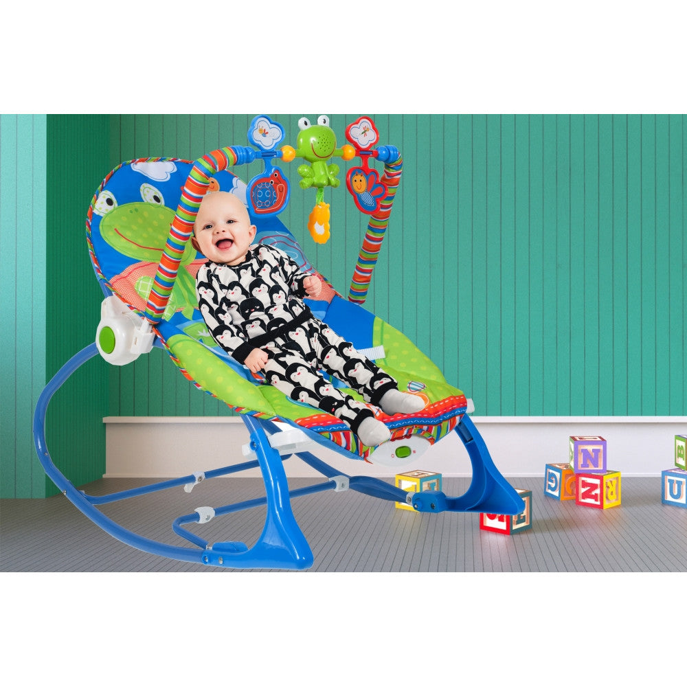 Balansoar si scaun iBaby 2 in 1 cu vibratii si sunete pentru copii, 0-18kg, Centru de activitati cu jucarii detasabile, Husa lavabila, Curea de siguranta in 3 puncte, Cadru metalic, Happy Frog
