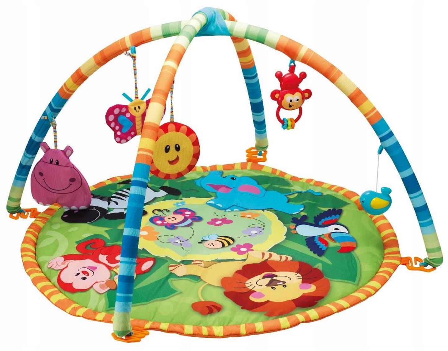 Centru de activitati Tip Covoras Interactiv 3 in 1 idealStore Baby Jungle Fantasy, Adaptat la cele mai importante 3 etape ale dezvoltarii copilului, Accesorizat cu jucarii ce pot fi atarnate la diferite inaltimi si detasabile, Dezvolta abilitati cognitive