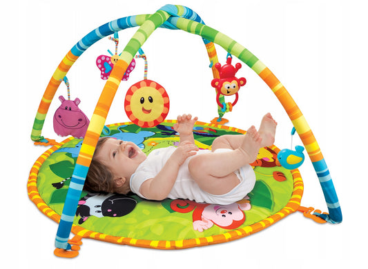 Centru de activitati Tip Covoras Interactiv 3 in 1 idealStore Baby Jungle Fantasy, Adaptat la cele mai importante 3 etape ale dezvoltarii copilului, Accesorizat cu jucarii ce pot fi atarnate la diferite inaltimi si detasabile, Dezvolta abilitati cognitive