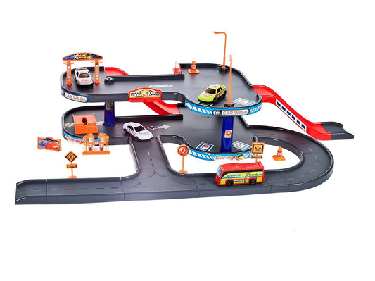 Set de joaca complex idealSTORE WORLD PARKING GARAGE, Dimensiuni 63 x 36 x 18 cm, Echipat cu Diverse accesorii simbolice 3 masini, autobuz, Parcare auto pe 4 nivele, Spalatorie, Benzinarie, Statie de reparatii