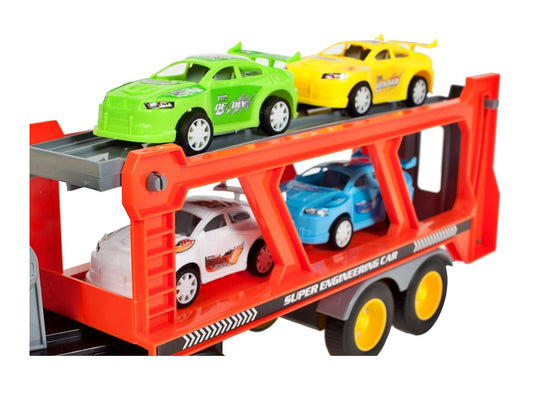 Camion Interactiv cu Remorca si 4 Masini IDL, Fulger M, Scara 1:16, Dimensiuni 37.0 x 16.0 x 9.0 cm, Dotat cu rampa ce ofera posibilitatea manevrarii masinutelor si descoperirea distractiei