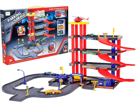 Set de joaca complex IDL MY FIRST PARKING, Multitudine de accesorii simbolice: Masini, Elicopter, Parcare auto pe 4 nivele, Statie de benzina, Porti si Semne auto, ce asigura intregul centru de transport pentru ore intregi dedicate distractiei