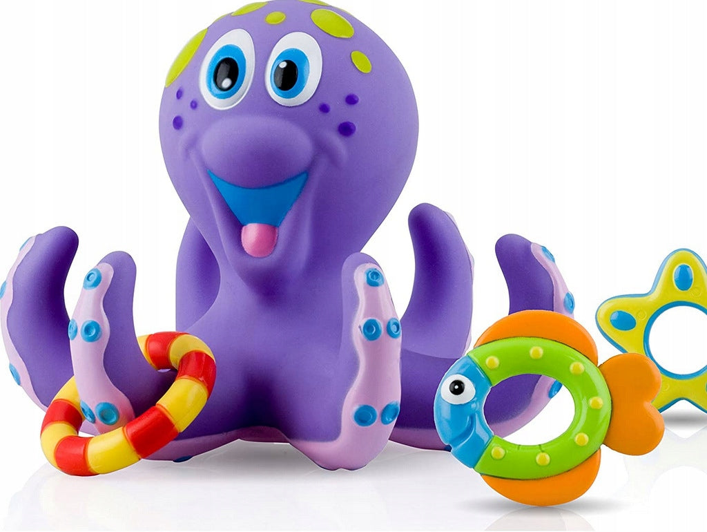 Jucarie de baie idealStore Funny Octopus, 6 Brate, 5 Jucarii de agatat, din Cauciuc, Dezvolta Abilitatile Motorii si Exercita Dexteritatea