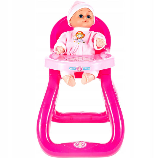 Set Papusa de jucarie IDL BABY PINK cu Scaunel de Hranire si Accesorii tematice realiste pentru jocul de roluri, Incurajeaza dezvoltarea personala intr-un mod distractiv stimuland inteligenta fetitelor, Culoare-Roz