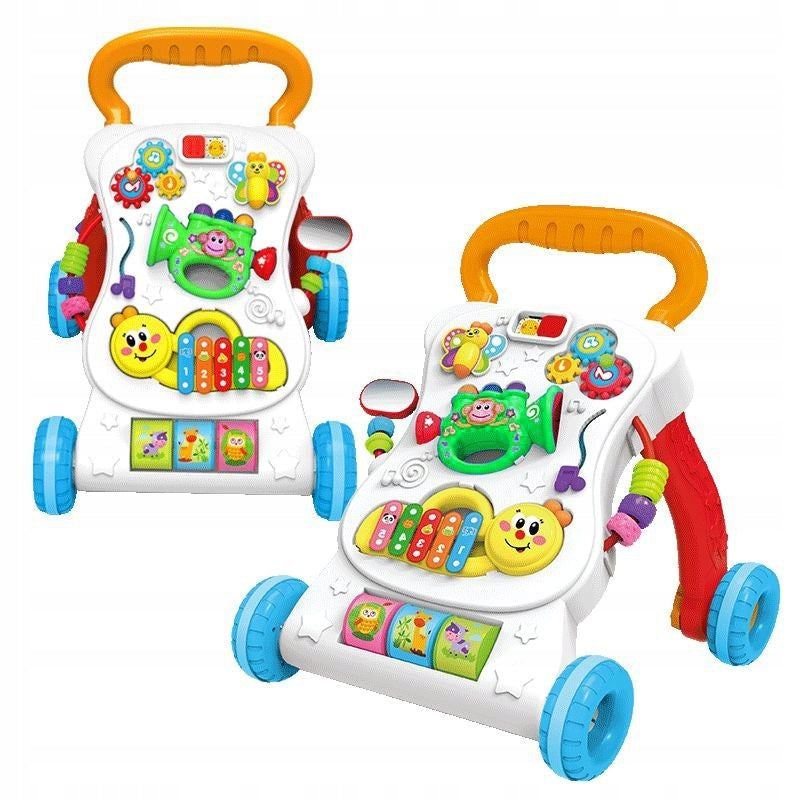 Antepremergator 3 in 1 IdealStore Monkey First Step, cu sunete si melodii, jucarii detasabile trompeta, maimuta, ajuta la coordonarea ochi-mana-sunet, combina invatarea si jocul