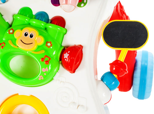 Antepremergator 3 in 1 IdealStore Monkey First Step, cu sunete si melodii, jucarii detasabile trompeta, maimuta, ajuta la coordonarea ochi-mana-sunet, combina invatarea si jocul