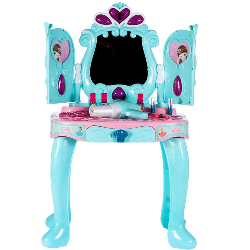 Masuta de MAKE-UP pentru fetite, PRINCESS MAGIC DRESSING, Multiple Accesorii CHIC pentru infrumsetare, Jocurile de lumini si sunete intregesc DECORUL orcarei printese, Spatiu de depozitare inclus, Culoare-Turcoaz