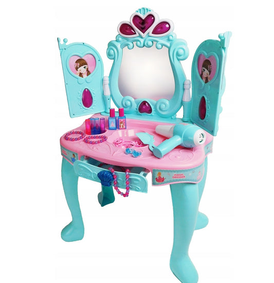 Masuta de MAKE-UP pentru fetite, PRINCESS MAGIC DRESSING, Multiple Accesorii CHIC pentru infrumsetare, Jocurile de lumini si sunete intregesc DECORUL orcarei printese, Spatiu de depozitare inclus, Culoare-Turcoaz