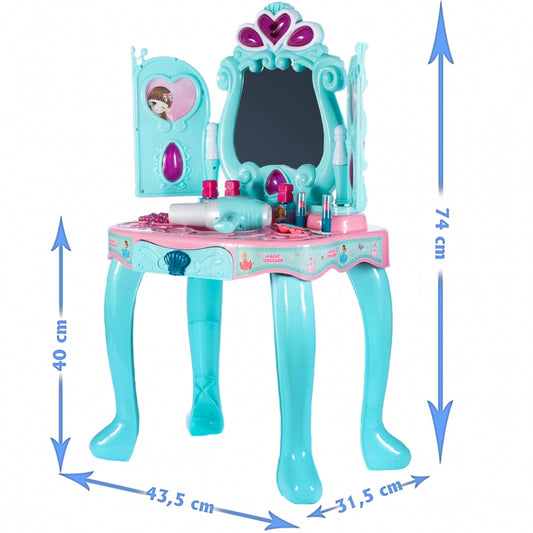 Masuta de Make-Up pentru fetite cu sertar, calitate premium cu lumini si sunete, include uscator de par cu sunet, multiple accesorii 74 CM