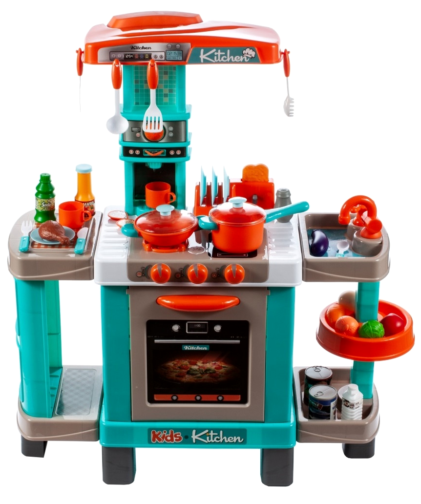 Bucatarie Multifunctioanala pentru copii idealSTORE LITTLE COOK, Dimensiuni 87 x 78 x 29 cm, Accesorizata cu elemente simbolice, Aragaz, Cuptor, chiuveta, oale, farfurii, tacamuri si produse alimentare, Dezvolta la copii imaginatia si creativitatea