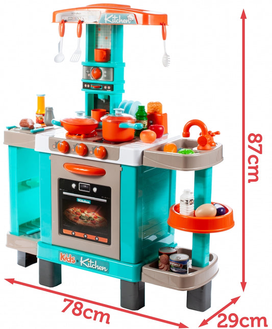 Bucatarie Multifunctioanala pentru copii idealSTORE LITTLE COOK, Dimensiuni 87 x 78 x 29 cm, Accesorizata cu elemente simbolice, Aragaz, Cuptor, chiuveta, oale, farfurii, tacamuri si produse alimentare, Dezvolta la copii imaginatia si creativitatea