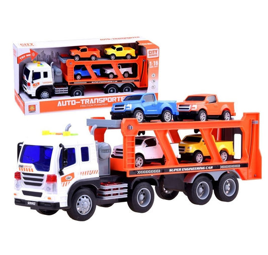 Camion interactiv cu Remorca idealSTORE Double Truck, Scara 1:16, Dimensiuni 38 x 8.5 x 12 cm, Include 4 masini, Efecte sonore si luminoase, Ofera distractie creativa