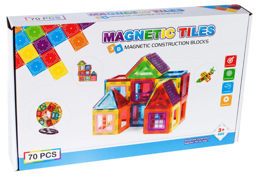 Set Inteligent de Constructie Magnetic IdealSTORE The World of Blocks 3D, dezvolta imaginatia si abilitatile mortice, numeroase posibilitati de construit, Educativ-Creativ, jucarie STEM, include 70 de piese multicolore