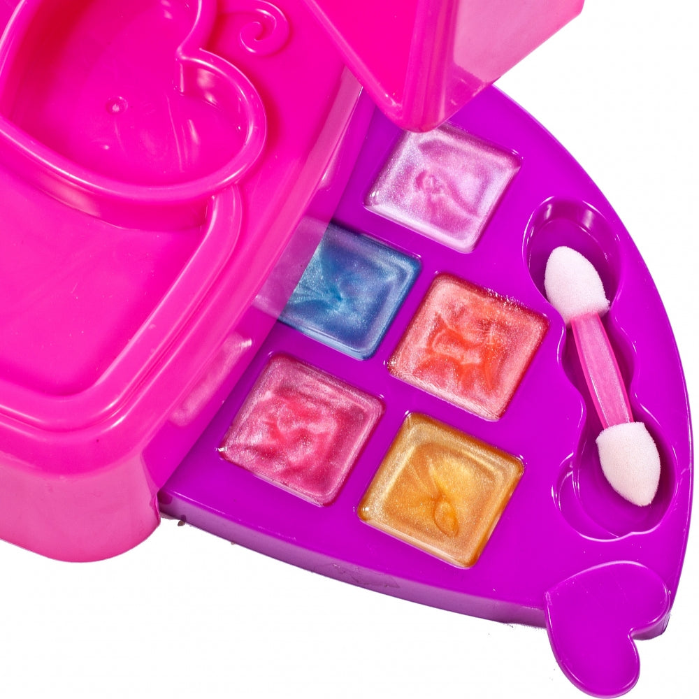 Set Make up Chic pentru fete idealSTORE, Glamour Strawberry, Dimensiuni 24.5 x 15.0 x 29.0 cm, Include o oglinda accesorizata cu lumini LED, Un set complet de produse cosmetice lavabile pentru a crea un aspect cool