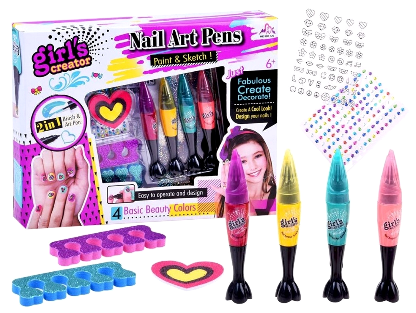 Set de unghii Professional Nail ART idealSTORE Dimensiuni ambalaj:35 cm x 27 cm x 5 cm, Include 4 lacuri cu varfuri, autocolante colorate, modele negre, 4 ace, Dezvoltand, de asemenea, imaginatia si abilitatile manuale ale copilului