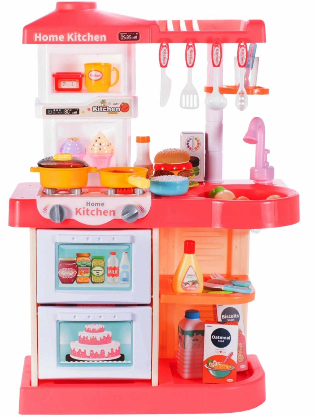 Bucatarie Multifunctionala idealSTORE MASTER CHEF HAPPY, Inaltime 72 cm, Echipata cu robinet, farfurii, ceasca, 2 arzatoare, Hota exterioara si alte produse alimentare, Ideala pentru creativitatea copilului tau