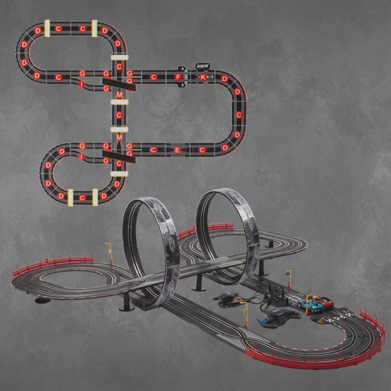 Pista de Curse cu 2 Masini NewYork Race idealStore, 2 Telecomenzi, Bucle Luminoase, Multimodel, Reglare Viteza, Multicolor