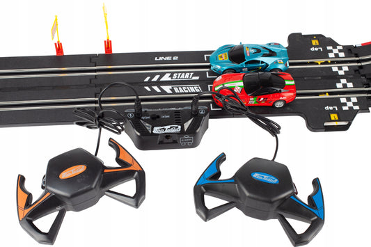 Pista de Curse cu 2 Masini NewYork Race idealStore, 2 Telecomenzi, Bucle Luminoase, Multimodel, Reglare Viteza, Multicolor