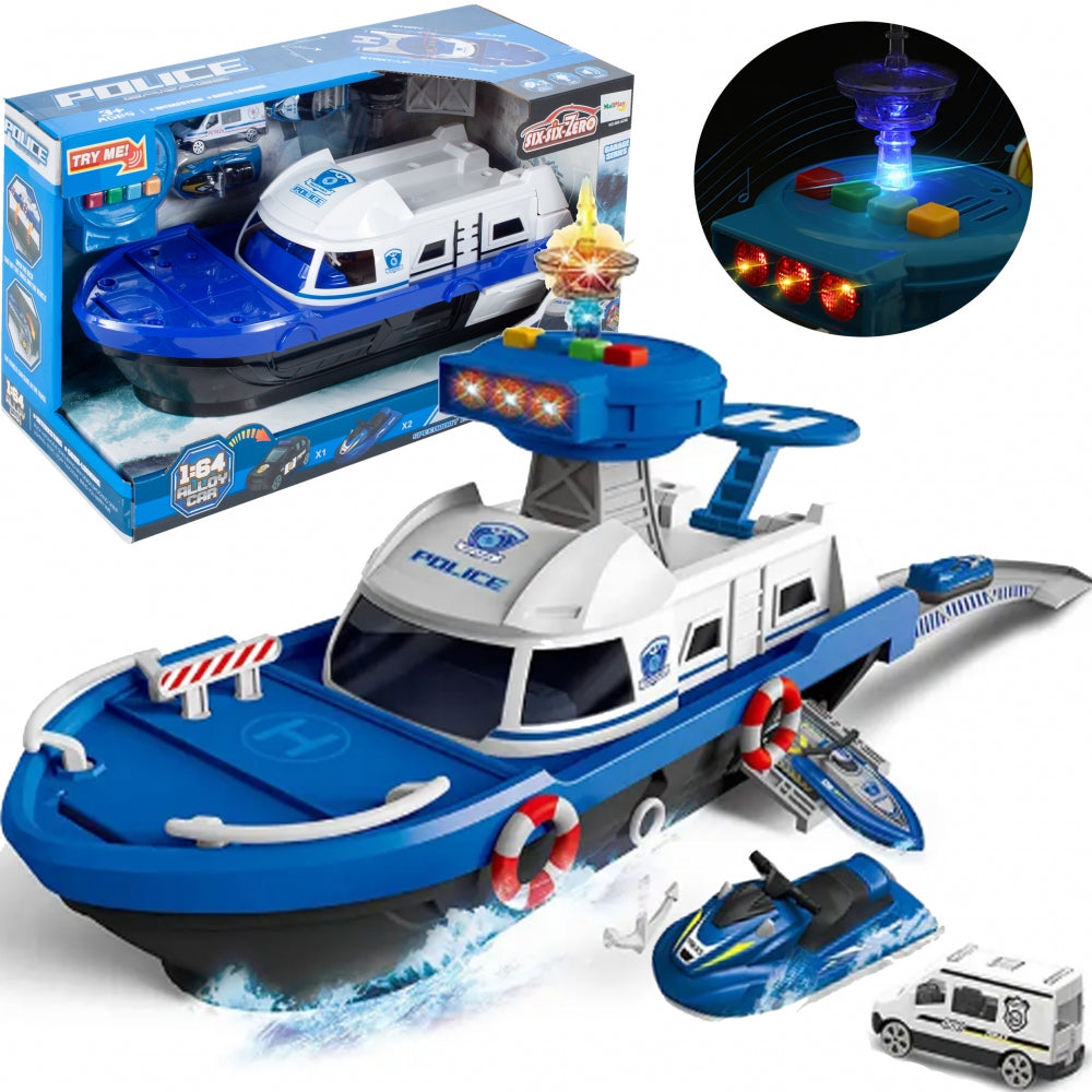 Barca de politie cu sunete si lumini idealSTORE MARINE POLICE Dimensiuni 20 x 17 x 43, Include duba de politie, jet ski, barca cu motor, Stimuleaza imaginatia copilului