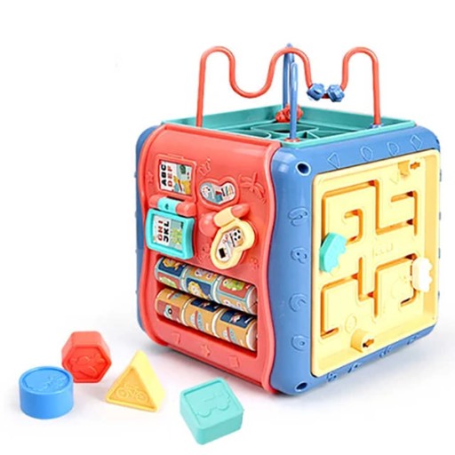 Cub Educativ idealStore PlayAndLearn 6 in 1, Multifunctional, Functii Diversificate, Multitudine de Jocuri, Jucarii Element Colorate, Figuri Geometrice Rezistente, Angrejane Rotative, Structura Solida, Bucla Motorie