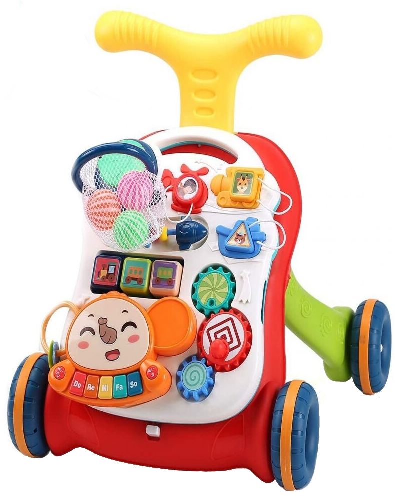 Antepremergator Baby Elephant 3 in 1 IdealStore, Echipat cu panou interactiv detasabil, Acesta se poate transforma si intr-o masuta de activitati cu sunete, Cos de baschet cu 3 mingi incluse, Culoare Rosu