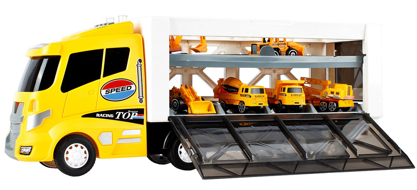 Camion cu Vehicule de constuctii Speed Top Racing idealSTORE, Dimensiuni 43 x 12 x 17 cm Echipat cu roti durabile din cauciuc, Efecte sonore, Lumini, Rampa, Accesorizat cu 6 vehicule, Fabricat din plastic durabil