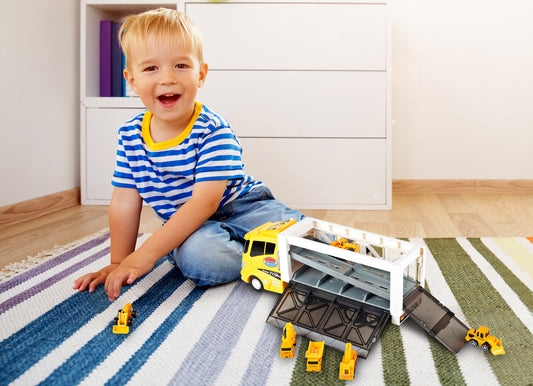 Camion cu Vehicule de constuctii Speed Top Racing idealSTORE, Dimensiuni 43 x 12 x 17 cm Echipat cu roti durabile din cauciuc, Efecte sonore, Lumini, Rampa, Accesorizat cu 6 vehicule, Fabricat din plastic durabil