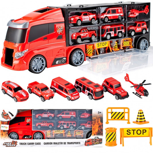 Camion interactiv Fire Truck idealSTORE cu 6 utilaje de pompieri Dimensiuni 40 x 9 x 13 cm, Include elicopter, autobuz