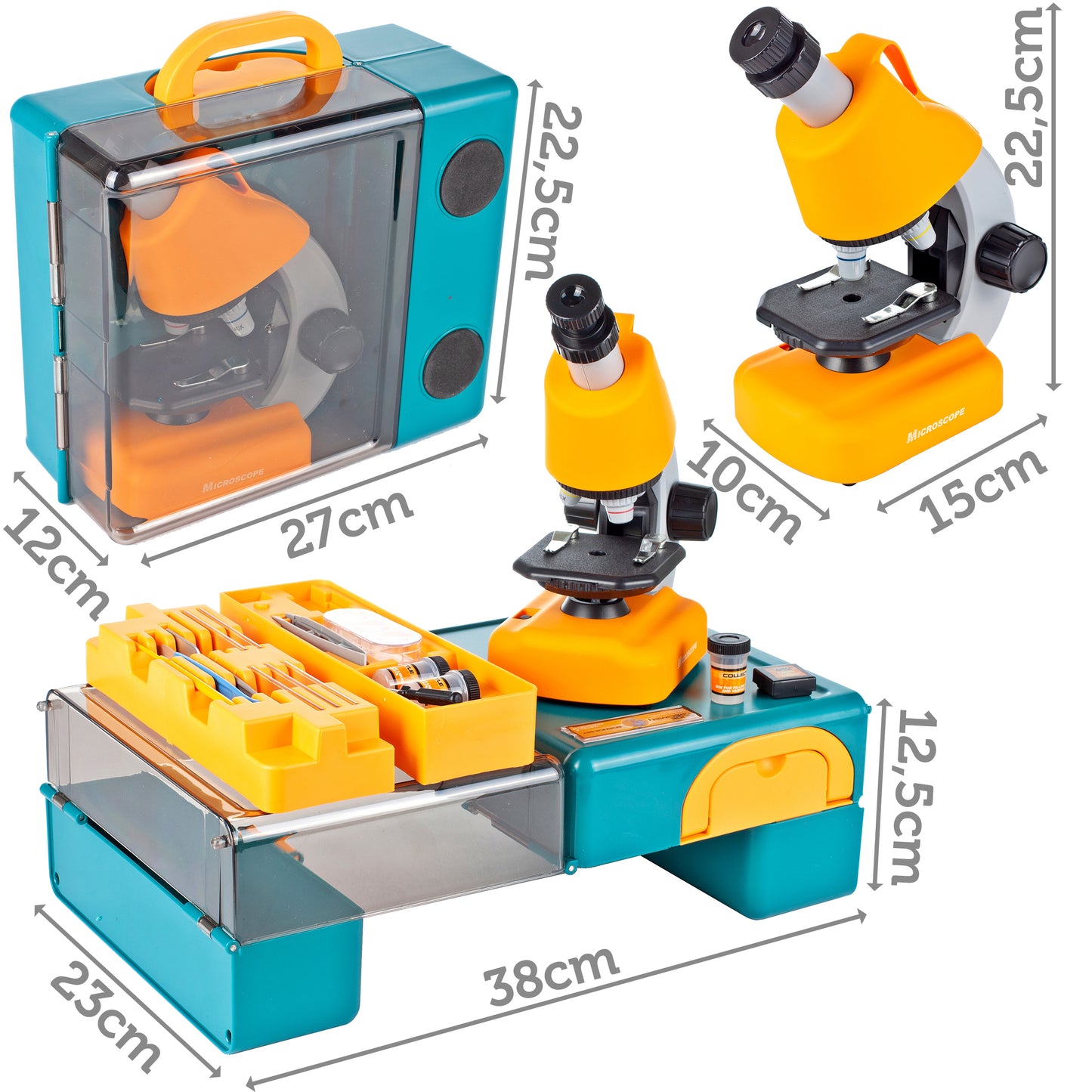 Microscop Multifunctional Stiintific pentru copii idealSTORE, Dimensiuni 16 x 10 x 22,5 cm Include 3 lentile de marire, Numeroase Accesorii, Lampa LED pentru Iluminat, Inaltime Reglabila, Valiza pentru transport