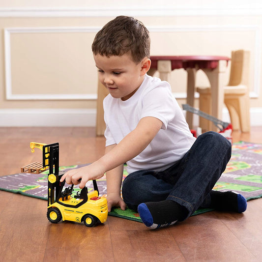 Stivuitor Yellow ForkLift idealStore, Jucarie Realista 1:16, Efecte Sonore si Luminoase, Roti de Cauciuc, Manivela, Actiune de Frecare, Palet Inclus