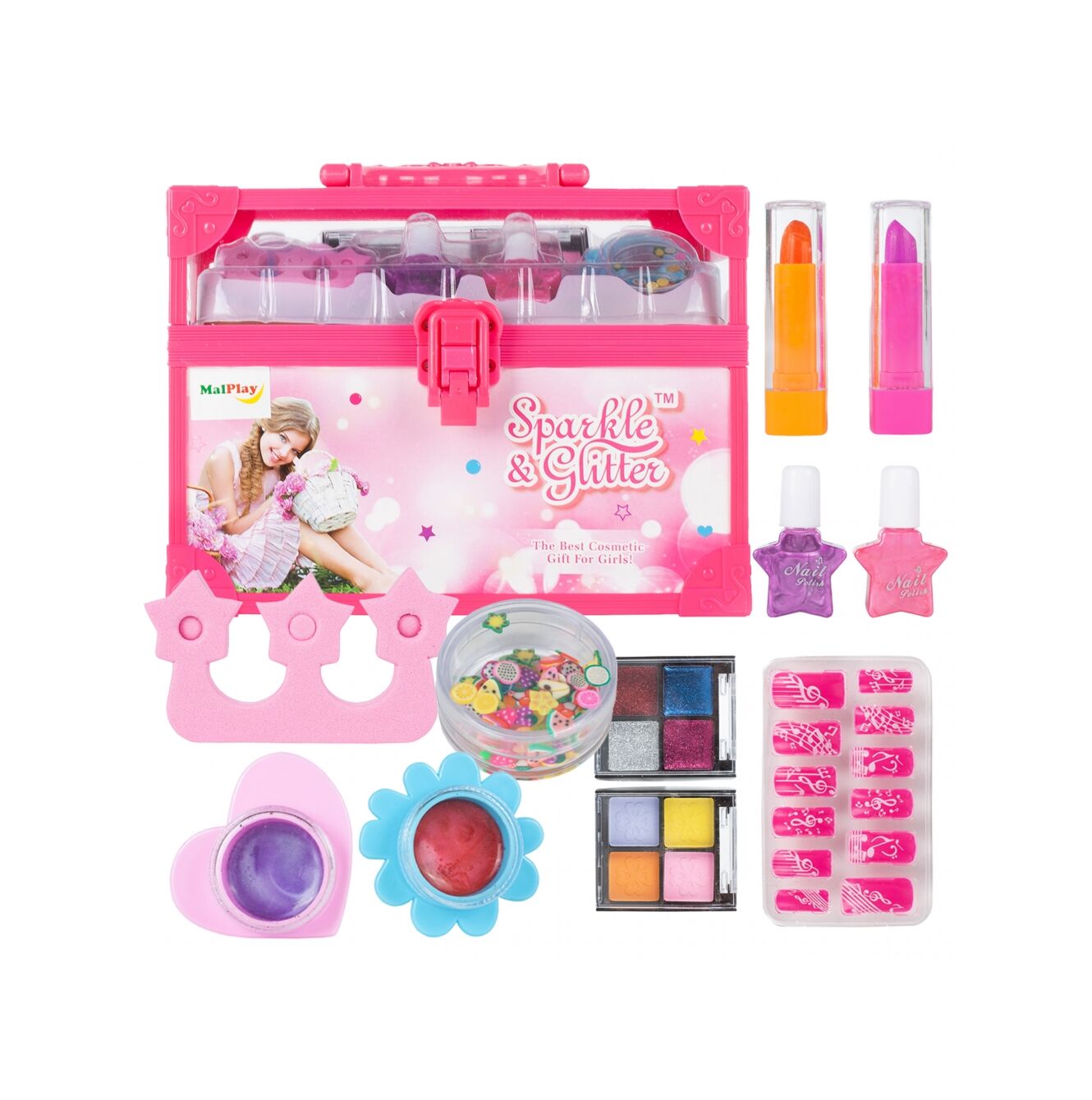 Trusa de Machiaj Shining Princess idealSTORE, Include numeroase accesorii cosmetice de diferite culori Cutie cu maner pentru depozitare, Dezvolta imaginatia copilului