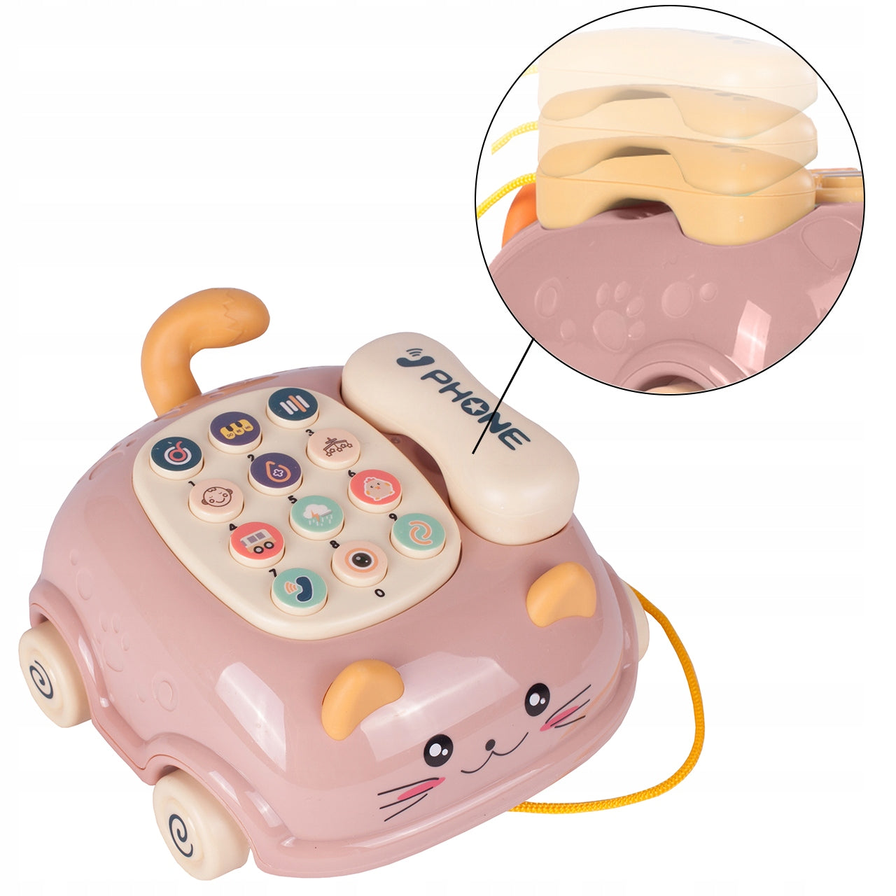 Telefon Interactiv Stil Pisicuta Happy Cat idealStore, Dimensiuni 12.5 x 14 x 6.5 cm, Cantece de Leagan, Diverse Melodii si Sunete Interactive, Urechi Stralucitoare, Culori Vii Atragatoare, Roz