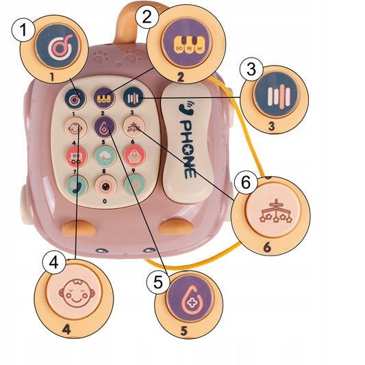 Telefon Interactiv Stil Pisicuta Happy Cat idealStore, Dimensiuni 12.5 x 14 x 6.5 cm, Cantece de Leagan, Diverse Melodii si Sunete Interactive, Urechi Stralucitoare, Culori Vii Atragatoare, Roz