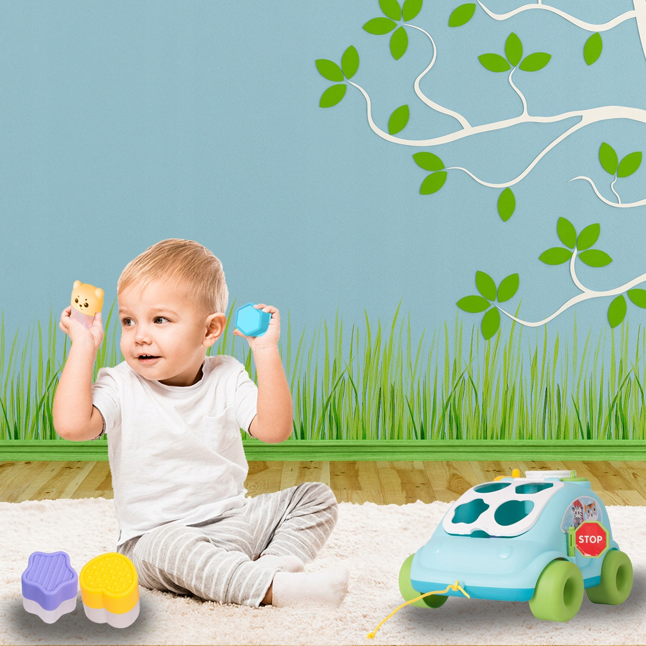 Masina Interactiva Stil Telefon cu Blocuri Colorate Funny Car idealStore, Dimensiuni 22 x 18 x 14 cm, Multicolora, Cuburi in Diferite Forme Dezvolta Abilitatile Stimulative