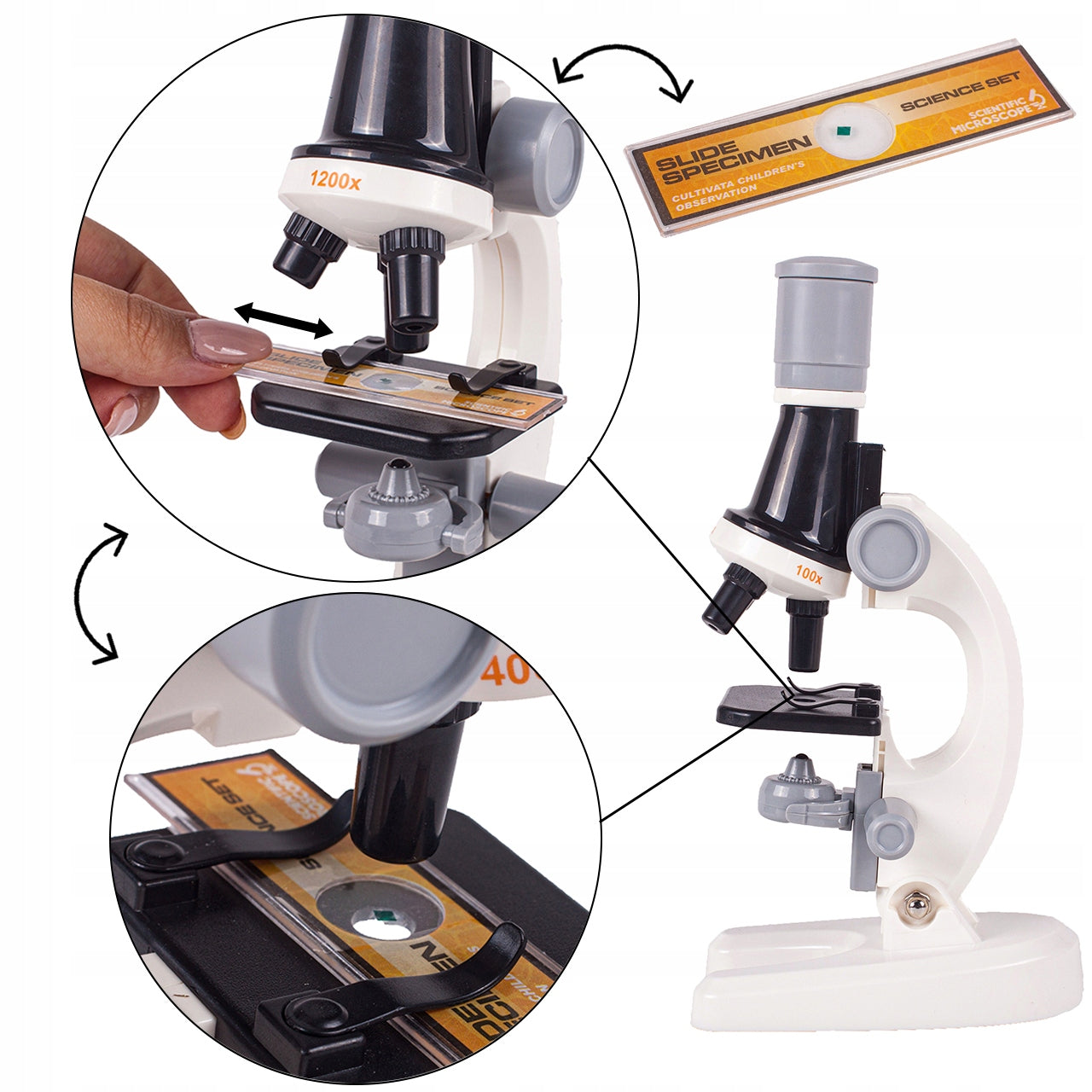 Microscop Stiintific Pentru Copii Scientific Microscope idealStore, Dimensiuni 21 x 12 x 7 cm, Trei Tipuri de Marire, Cap Rotativ, Lampa pentru Iluminat, Inaltime Reglabila, Accesorii Incluse