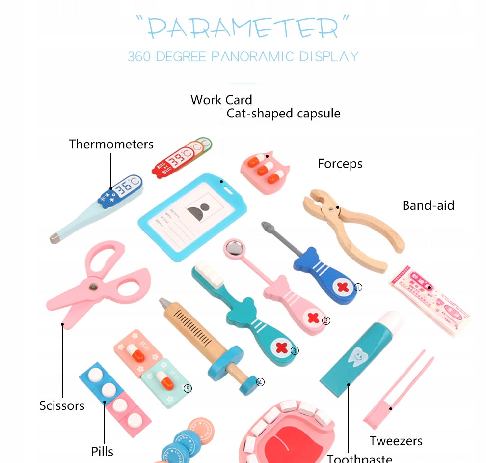 Trusa Medicala din lemn Dentistry Luxury idealSTORE, Include Diverse Accesorii Dentare, Termometru, Stetoscop, Seringa, Mulaj dentar, Joc Creativ si Interactiv, Geanta Depozitare