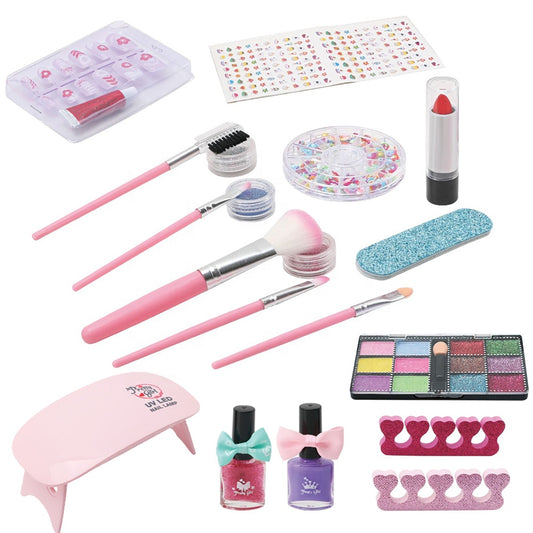 Trusa de Machiaj pentru copii LittlePrincess IdealStore, Include o multime de elemente pentru infrumusetare, Dar elemente si pentru ingrijirea unghiilor, Lampa UV, Geanta cu maner pentru transport