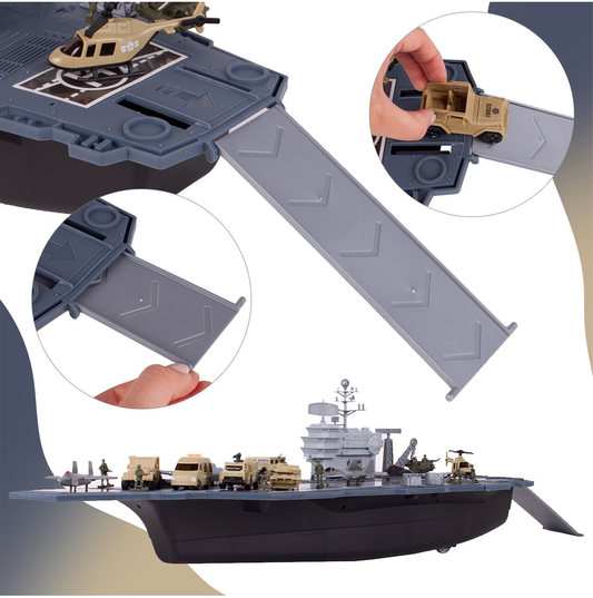 Portavion Militar de Jucarie Aircraft Carrier idealSTORE, Include 10 Soldati, Elicopter, Vehicule Militare, Tanc, Avioane, Turn de Control, Macara, Rampa Extensibila, Radare rotative 360, Barca, Design Realist