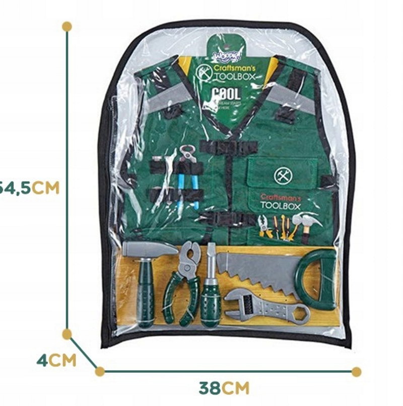 Kit Instrumente bricolaj Tool Box idealSTORE, Echipat cu o Casca reglabila de protectie, Vesta cu diferite accesorii multifunctionale, Cleste, Ciocan, Cheie, Surubelnita, Dezvolta educatia celor mici