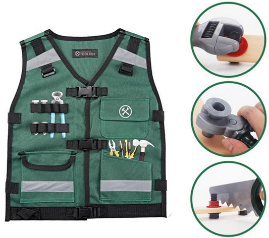 Kit Instrumente bricolaj Tool Box idealSTORE, Echipat cu o Casca reglabila de protectie, Vesta cu diferite accesorii multifunctionale, Cleste, Ciocan, Cheie, Surubelnita, Dezvolta educatia celor mici