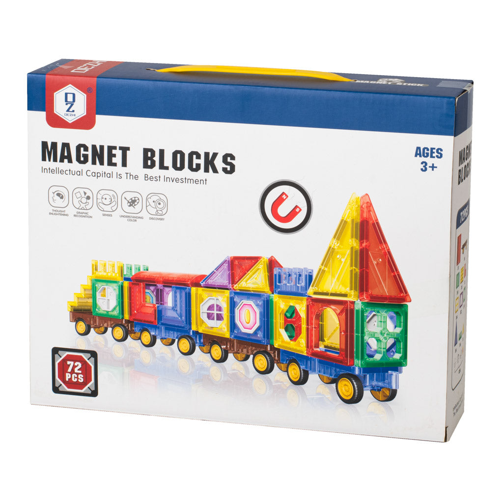 Set Inteligent de Constructie Intellectual Magnets 3D idealSTORE, Include 72 de Elemente Magnetice Multicolore, 4 Sasiuri Pentru Vehicule, Posibilitatea de a creea Forme Nelimitate, Educativ- Creativ, Magneti Puternici