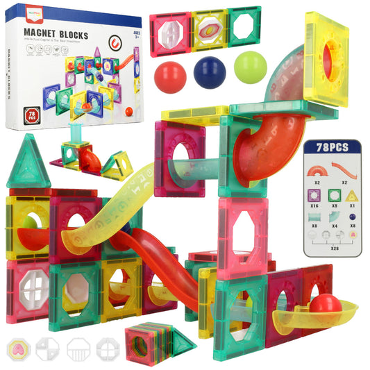 Set Inteligent de Constructie Ball Track Slide 3D idealSTORE, Include 78 de Elemente Magnetice Multicolore 2 Tobogane 8 Mingii Posibilitatea de a creea Piste de Bile, Educativ- Creativ, Magneti Puternici Neodim, Stimuleaza Gandirea