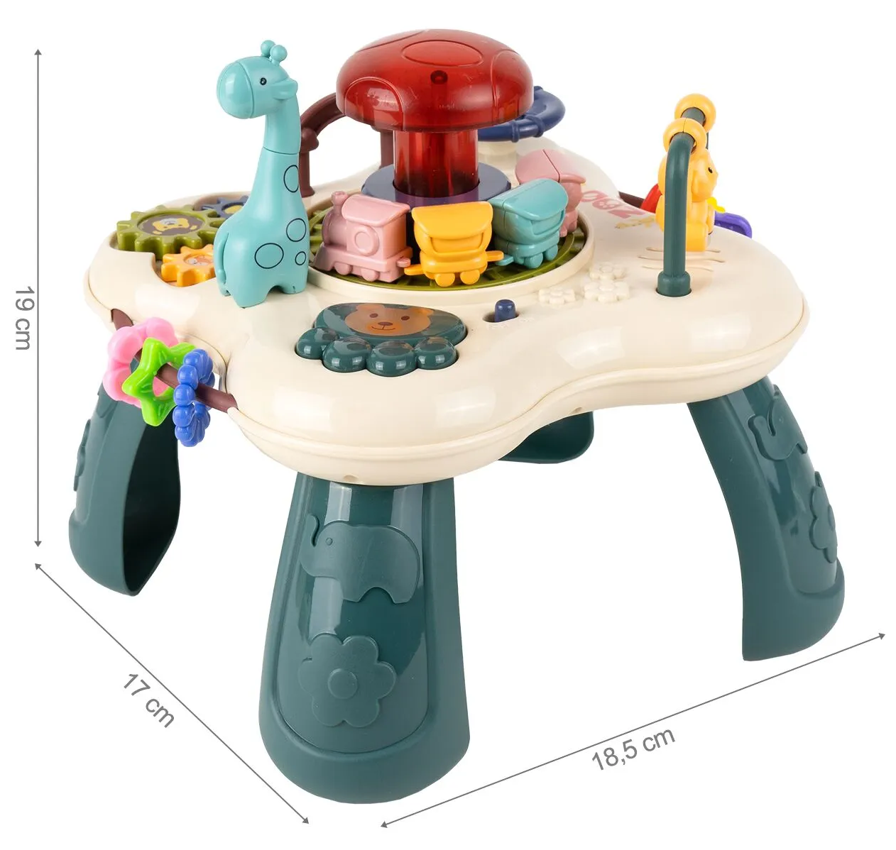 Masuta Educativa pentru Bebelusi 2in1 Happy Zoo idealSTORE, Include un Trenulet cu Vagoane, Animale Rotative, Volan, Panou Interactiv Detasabil, Accesorizat cu Efecte luminoase si Sonore, Elemente Mobile, Comutator ON/OFF