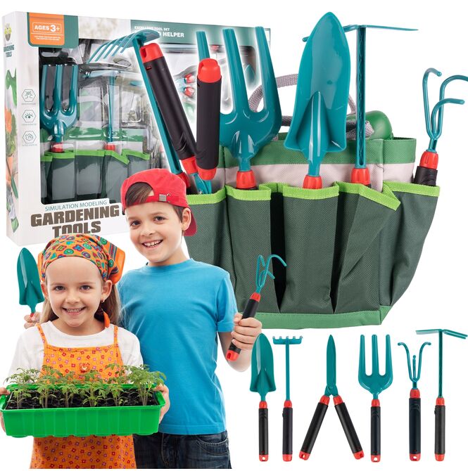 Set de Gradina Pentru Copii idealSTORE Little Gardener, Include 9 Accesorii de Gradinarit, Foarfeca, Sapa, Grebla, Manusi, Cultivator, Geanta pentru Depozitare Cadou, Dezvolta Abilitatile Manuale, Imaginatia, Creativitatea