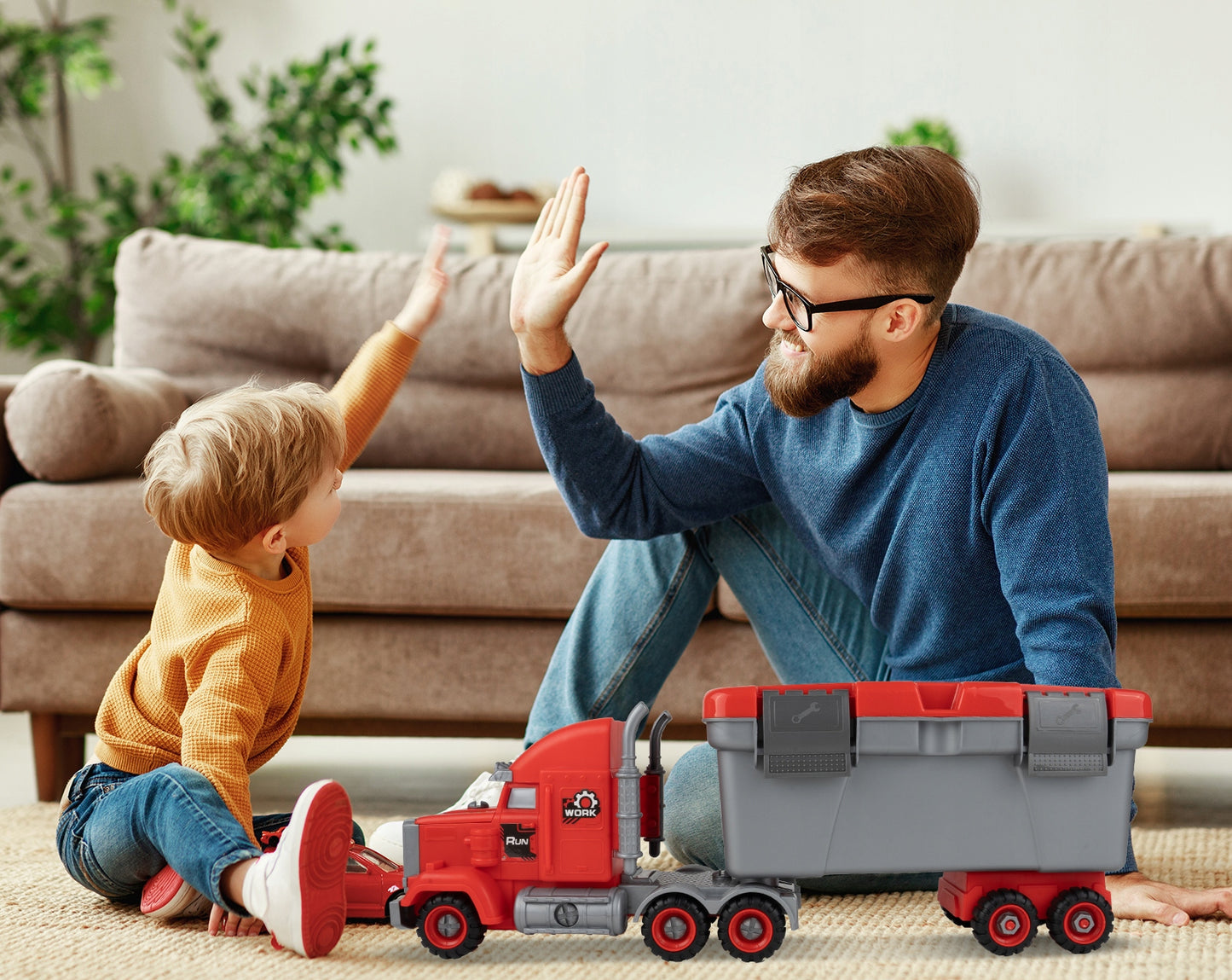 Camion de Pompieri 3in1 idealSTORE cu 3 Autospeciale de Pompieri si Set de Scule, Plastic ABS, Elemente Demontabile, Remorca Detasabila, Calitate Superioara