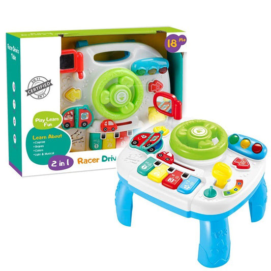 Jucarie interactiva multifunctionala, volan simulare condus cu schimbator, oglinda retrovizoare, indicator de directie, semafor si pian, 18+ luni