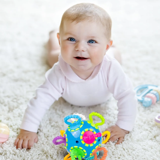 Minge Senzoriala din Silicon pentru Bebelusi idealSTORE, Accesorizata cu chei colorare rotative 360, Culori vii, Stimuleaza miscarea si Mobilitatea copilului