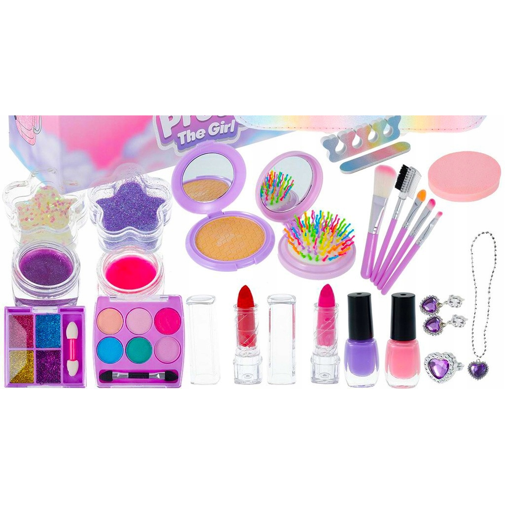 Trusa de Make-up si Accesorii Styling idealSTORE Unicorn, Cosmetice Reale, Non-Toxice, Accesorii Reale, Dezvolta Abilitatile Manuale, Peste 20 de Articole, Tema Unicorn, cu Geanta de Depozitare