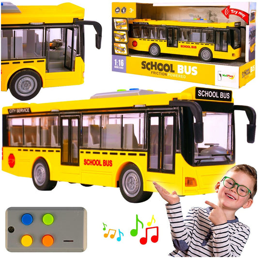 Autobuz cu Sunete si Lumini idealSTORE, Usile se Deschid, Lumini la Deschiderea Usilor, Interior Iluminat, Anvelope din Cauciuc, Reprezentare Realista, Scara 1:16